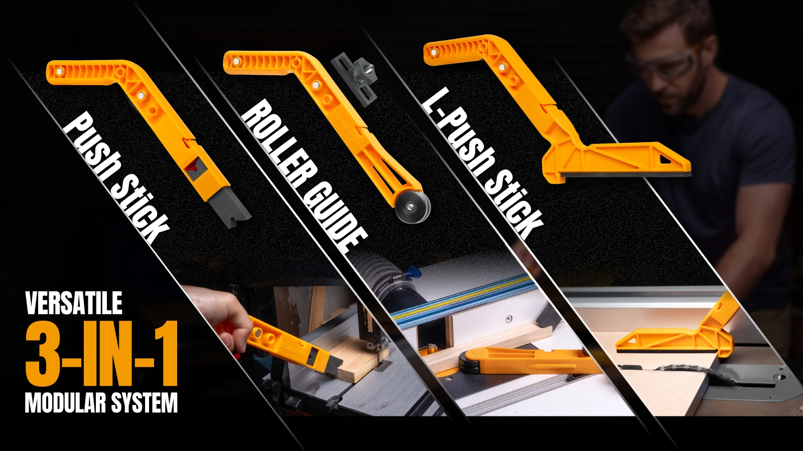POWERTEC modular push stick system with EVA push stick, L push stick, roller guide and replacement tip