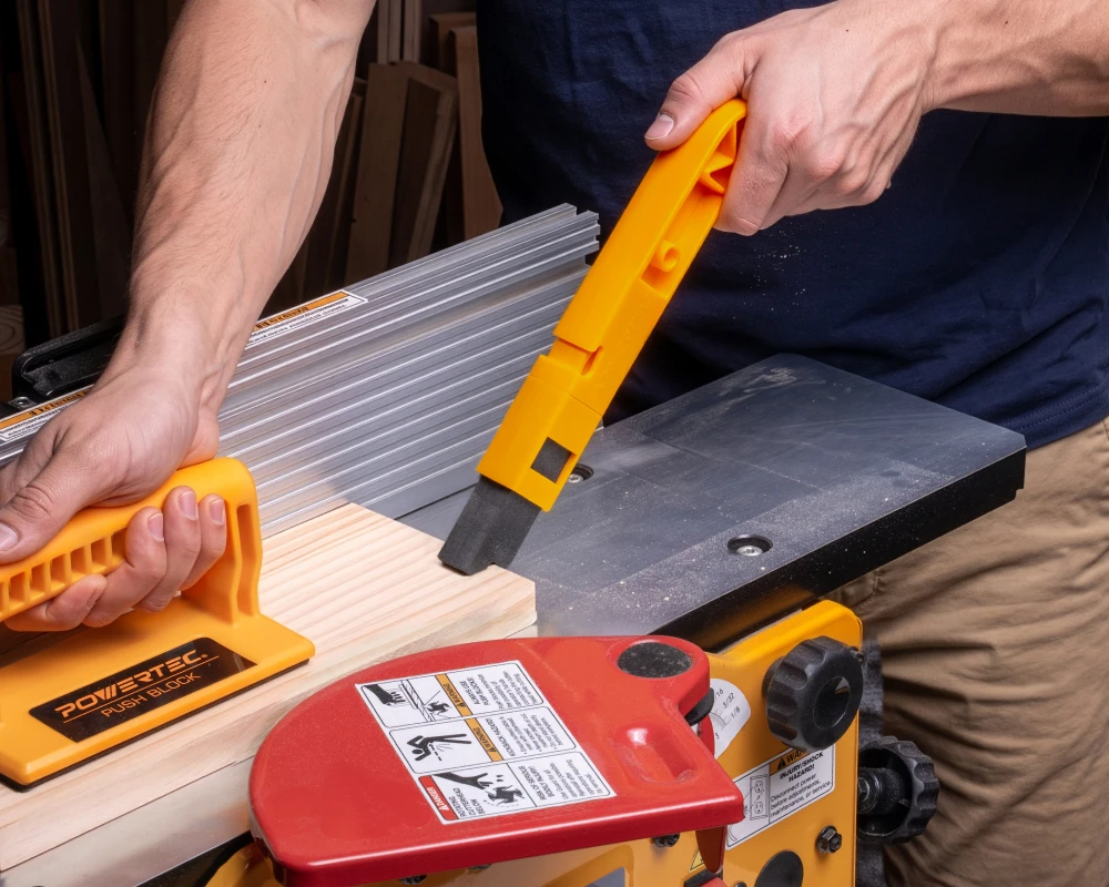 Anatomy of a woodworking push stick showing handle, contact surface, rear hook and direction of pressure