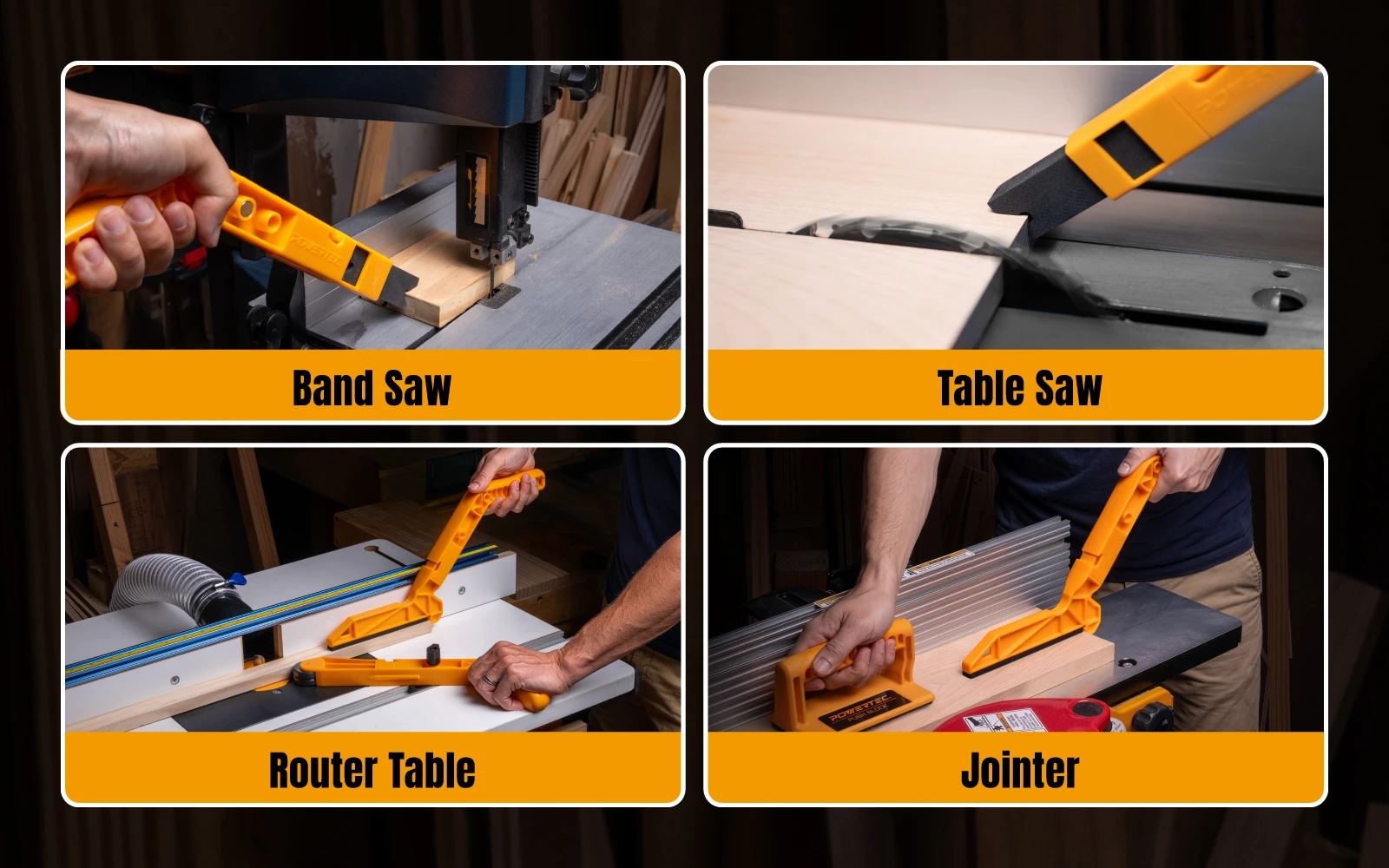 Modular push stick configurations for table saw, router table, band saw and jointer