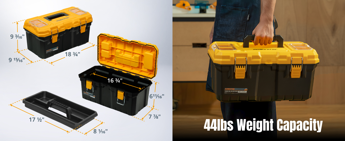POWERTEC 19-Inch Tool Box with Trays - Lockable, Metal Latch, Organizer, Portable Storage for Tools, Small or Mid-Sized Parts