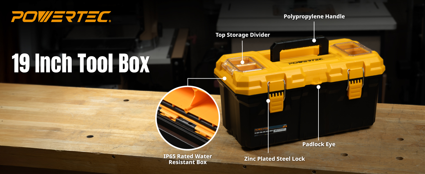 POWERTEC 19-Inch Tool Box with Trays - Lockable, Metal Latch, Organizer, Portable Storage for Tools, Small or Mid-Sized Parts (72362)