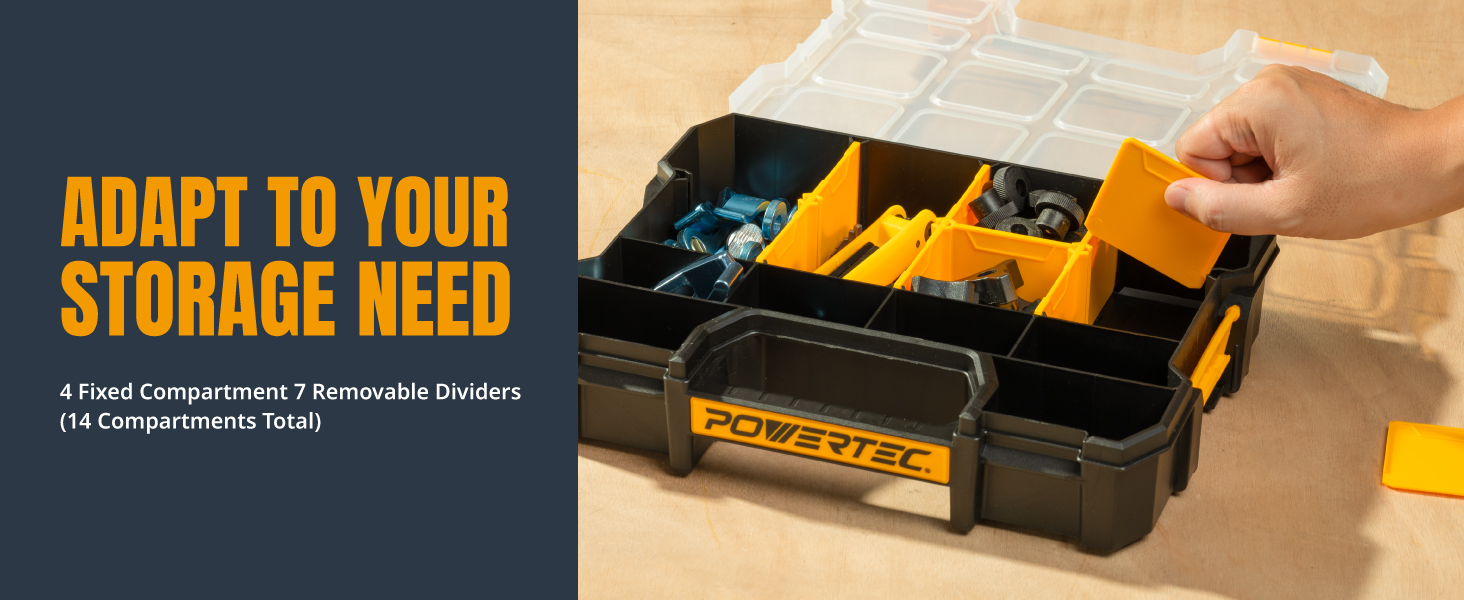 POWERTEC Small Parts Organizer & Tool Box – 14 Compartments, Stackable Storage with Interlocking Latch, Removable Dividers, Clear Lid, Portable Design