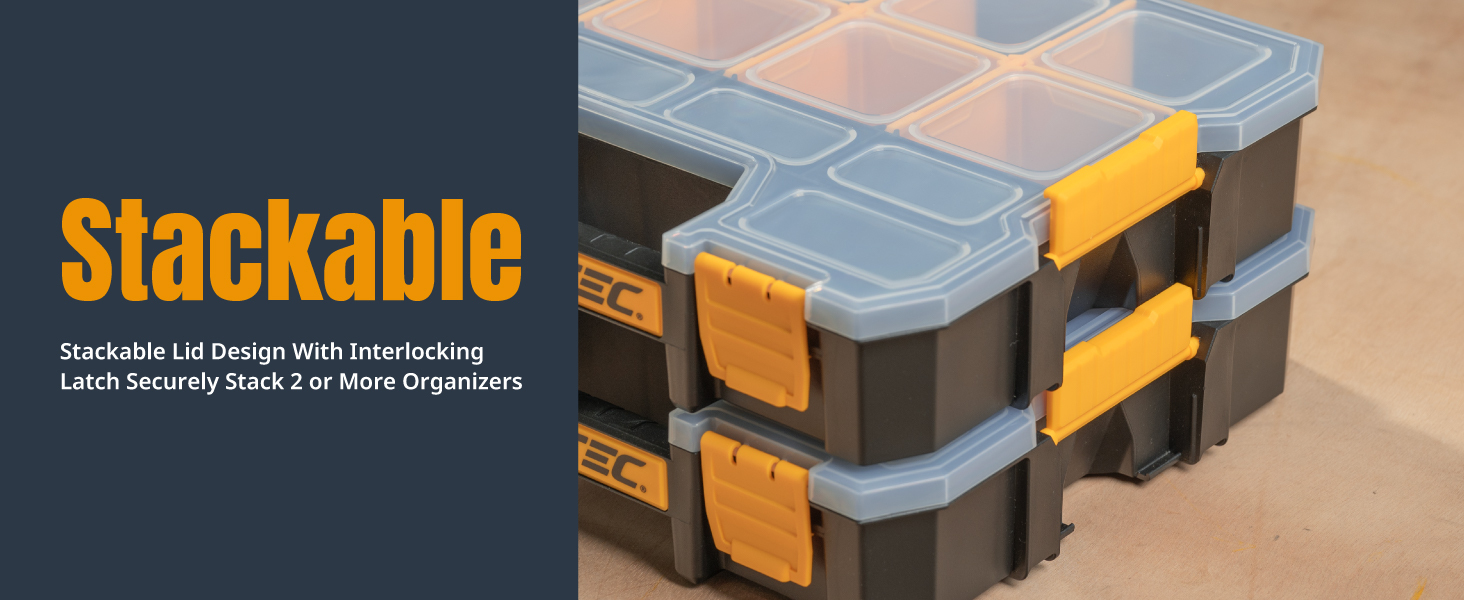 POWERTEC Small Parts Organizer & Tool Box – 14 Compartments, Stackable Storage with Interlocking Latch, Removable Dividers, Clear Lid, Portable Design, 2-Pack (72364-P2)