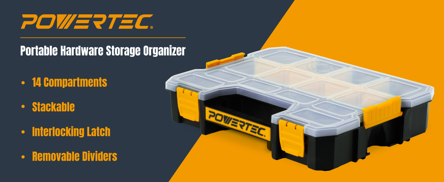 POWERTEC Small Parts Organizer & Tool Box – 14 Compartments, Stackable Storage with Interlocking Latch, Removable Dividers, Clear Lid, Portable Design, 2-Pack (72364-P2) Brand: POWERTEC