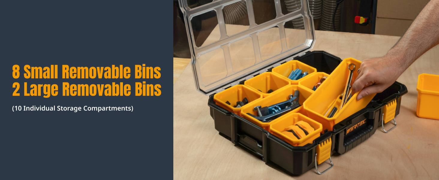 POWERTEC Small Parts Organizer & Tool Box – 10 Compartments, IP65 Water & Dust Protection, Stackable Storage with Interlocking Latch, Removable Tray, Clear Lid, Portable Design, 2-Pack (72365-P2)