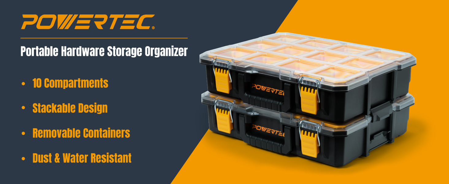 POWERTEC Small Parts Organizer & Tool Box – 10 Compartments, IP65 Water & Dust Protection, Stackable Storage with Interlocking Latch, Removable Tray, Clear Lid, Portable Design, 2-Pack (72365-P2)