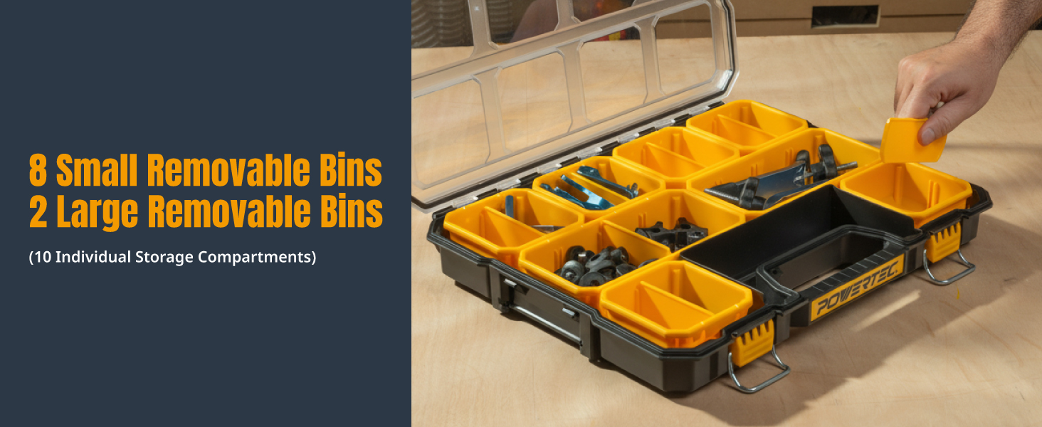 POWERTEC Small Parts Organizer & Tool Box – 20 Compartments, IP65 Water & Dust Protection, Stackable Storage with Interlocking Latch, Removable Bin, Divider, Clear Lid, Portable Design, 2PK (72366-P2) 02