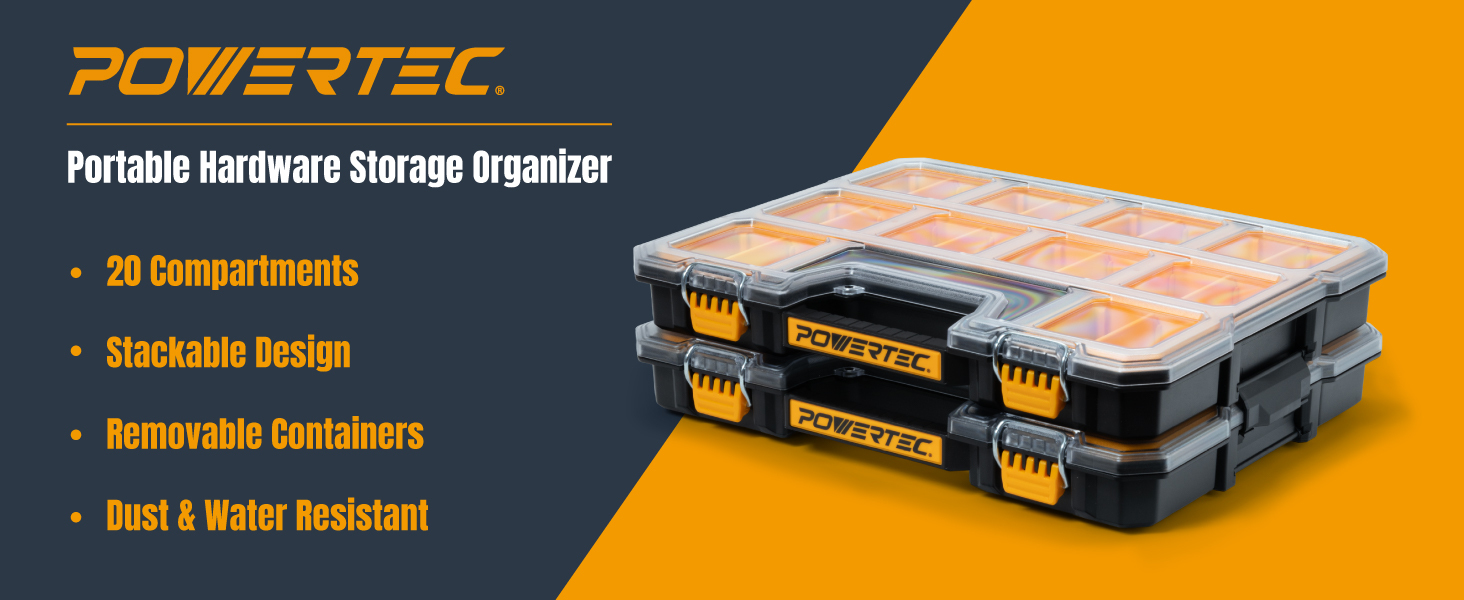 POWERTEC Small Parts Organizer & Tool Box – 20 Compartments, IP65 Water & Dust Protection, Stackable Storage with Interlocking Latch, Removable Bin, Divider, Clear Lid, Portable Design, 2PK (72366-P2)
