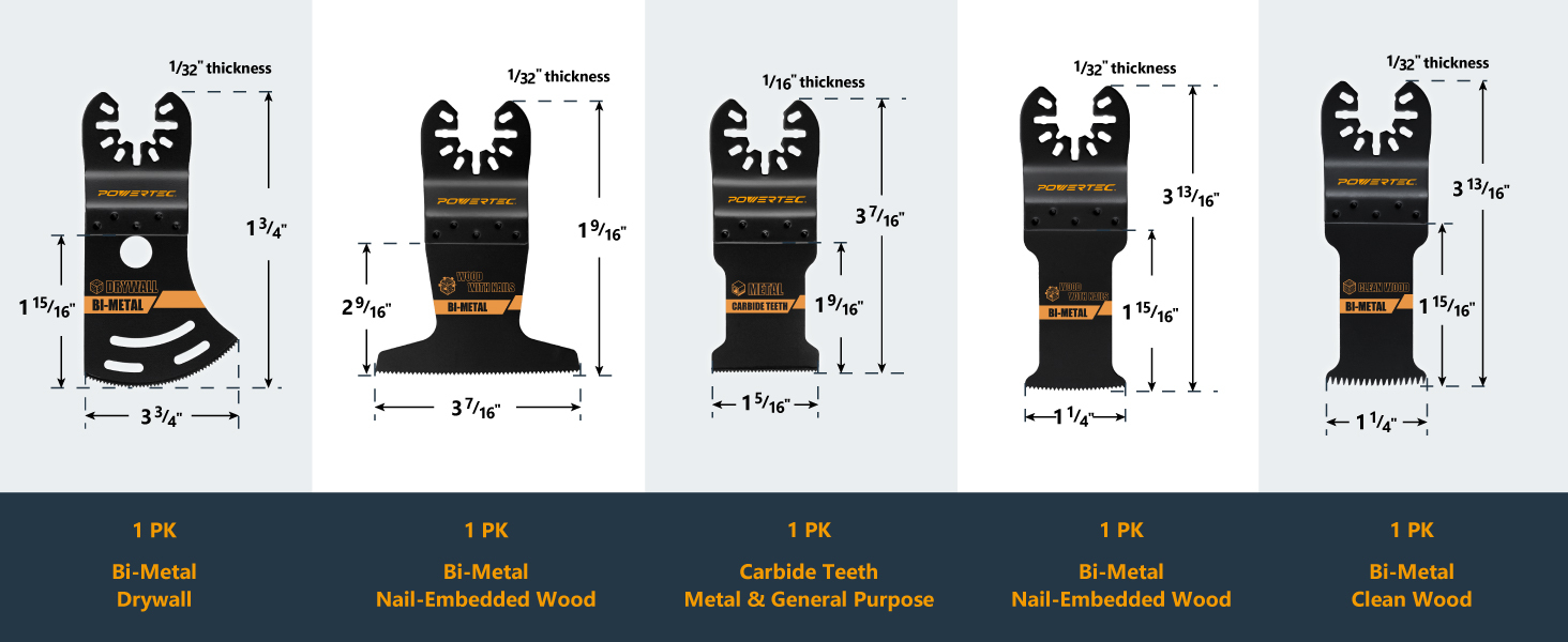 POWERTEC Oscillating Tool Blade 5pc Set – Bi-Metal & Carbide Multitool Blades for Cutting Wood, Metal, Nail-Embedded Wood, Drywall, Cement Board and Plastic