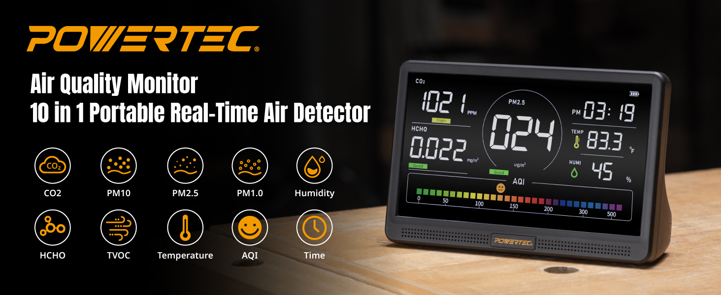 POWERTEC AD1001 Air Quality Monitor with 7” LCD Display – Multi-Sensor CO₂, PM2.5, PM10, HCHO, TVOC Detector, NDIR & Semiconductor Sensors, Rechargeable Indoor/Workshop Air Monitor