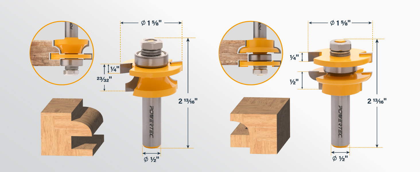 POWERTEC Cabinet Door Rail and Stile Router Bit Set, Roundover Profile – 2-Piece, 1/2" Shank, Tungsten Carbide, Anti-Kickback, Table-Mounted Router Use (73071)
