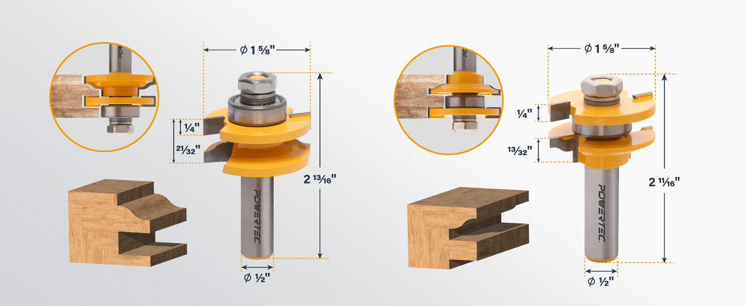 POWERTEC Cabinet Door Rail and Stile Router Bit Set, Ogee Profile – 2-Piece, 1/2" Shank, Tungsten Carbide, Anti-Kickback, Table-Mounted Router Use (73070)