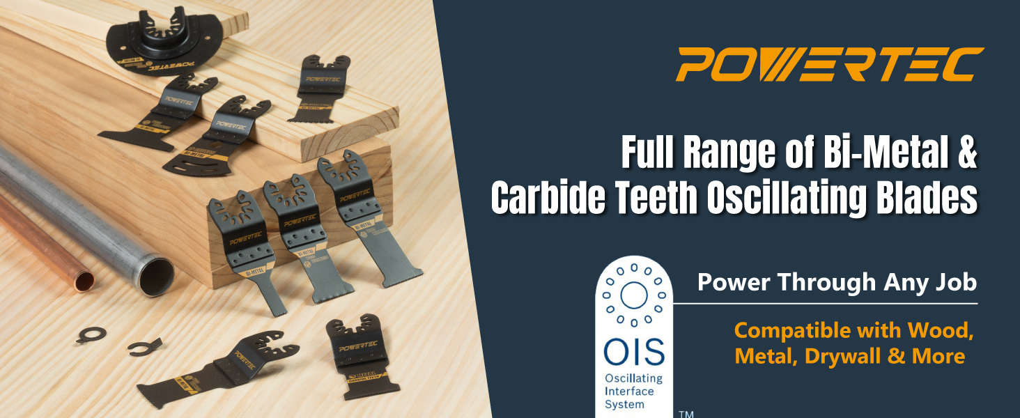 POWERTEC Carbide Oscillating Tool Blade 3pc Set – Multitool Blades with 2 Adapters for Cutting Hardened Metal, Bolts, Screws, and Nails (14501)