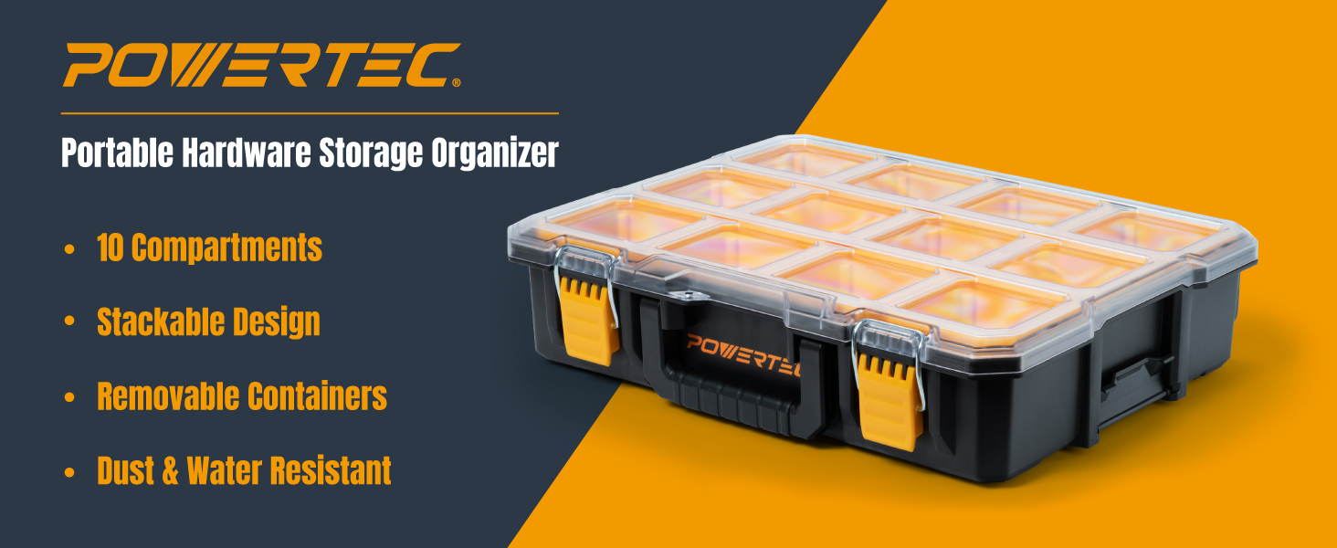 POWERTEC Small Parts Organizer & Tool Box – 10 Compartments, IP65 Water & Dust Protection, Stackable Storage with Interlocking Latch, Removable Tray, Clear Lid, Portable Design (72365)