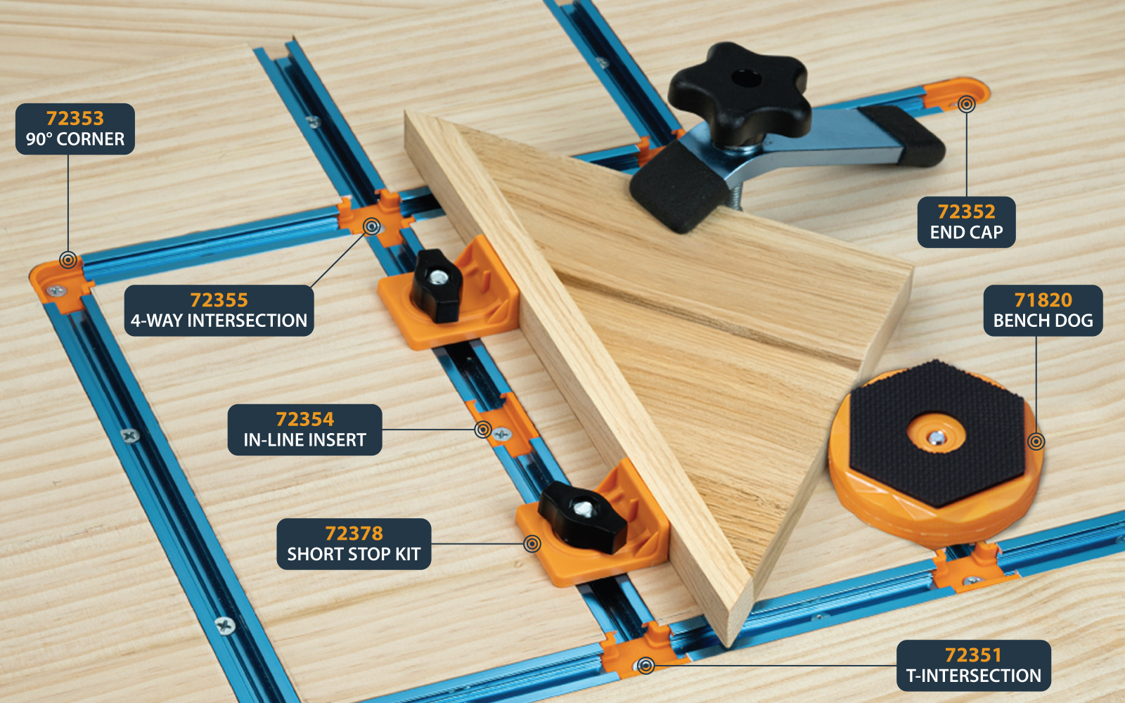 T-track accessories and drop-in fittings for woodworking jigs and tables