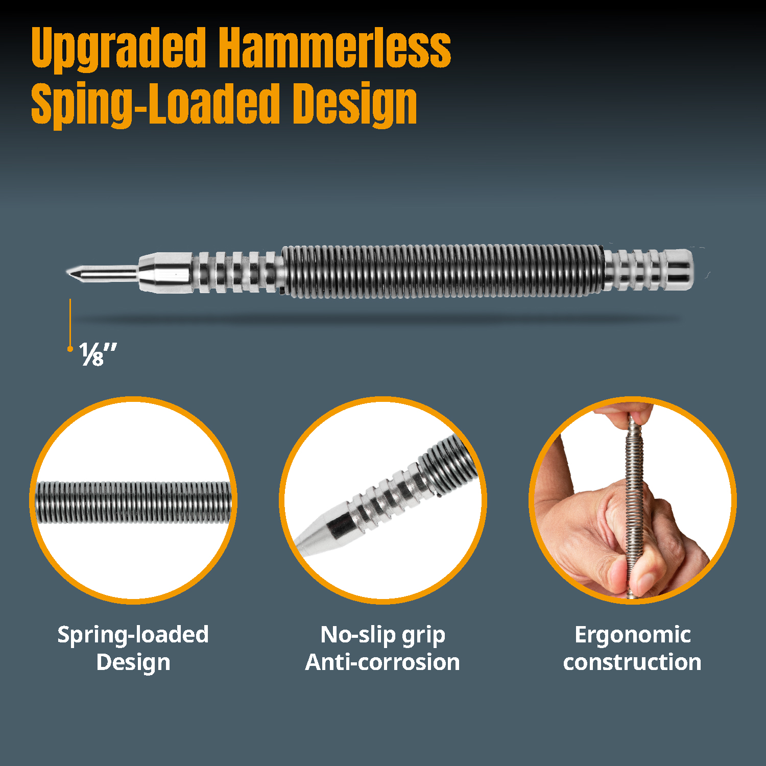 POWERTEC Hammerless Center Punch - Spring Loaded 1/8 Inch Punch With 5000 PSI Striking Force