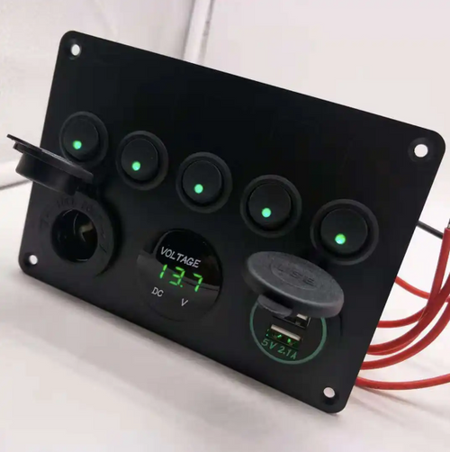 5 Gang 12V Aluminium Switch Panel LED Dual USB Socket Charger + Voltmeter Toggle On Off Distribution Power Splitter Car Marine Boat 4x4