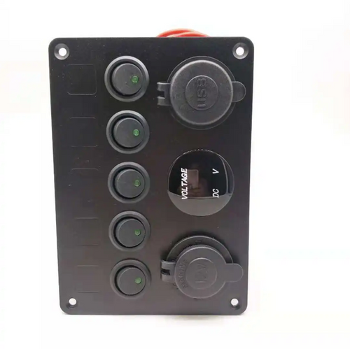 5 Gang 12V Aluminium Switch Panel LED Dual USB Socket Charger + Voltmeter Toggle On Off Distribution Power Splitter Car Marine Boat 4x4