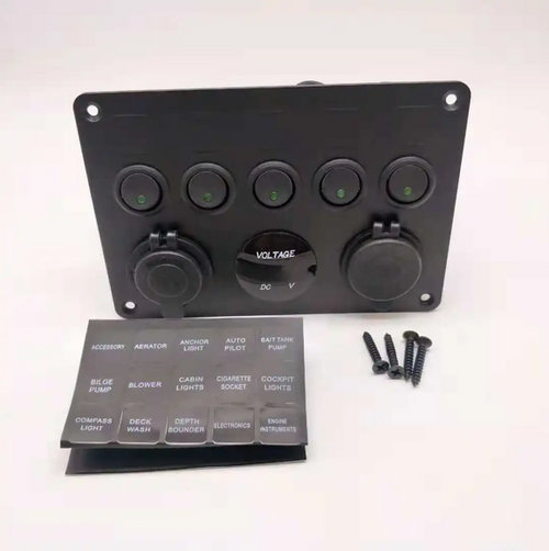 5 Gang 12V Aluminium Switch Panel LED Dual USB Socket Charger + Voltmeter Toggle On Off Distribution Power Splitter Car Marine Boat 4x4
