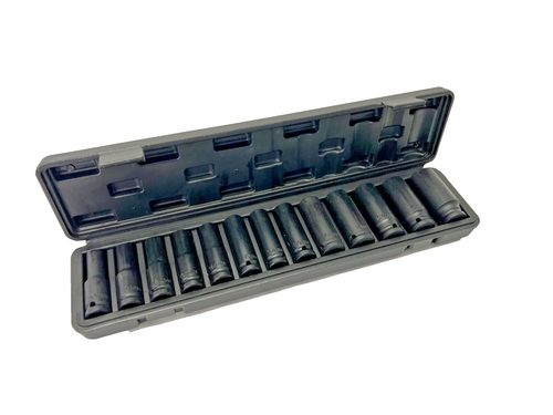NEW 13pcs 1/2'' Deep Impact Socket Tool Set in Black Plastic Box Mechanic Auto