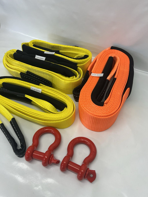 4x4 Recovery Winch Strap & Bow Shackle Towing Tow Set Off Road Hi Vis (BUNDLE 1)