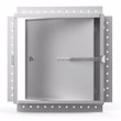 Corrosion-resistant 14x14 Acudor door open, showing interior access for HVAC/plumbing components.