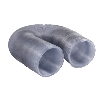 Heavy Duty Clear PVC Flexible Ducting (12-inch diameter, 25-foot length) with internal wire reinforcement.