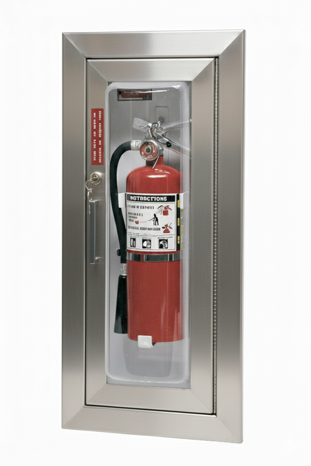 Larsen's Cameo Series STAINLESS STEEL Bubble Fire Extinguisher Cabinets.- Semi-Recessed
