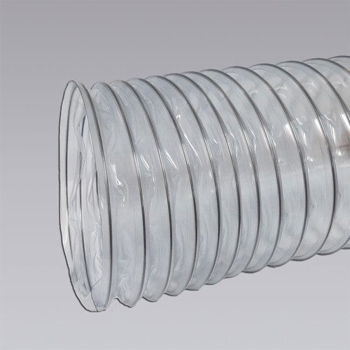 Nikro 860245 Heavy Duty Clear PVC Flex Duct, 8" x 25 ft, fully extended for industrial use.