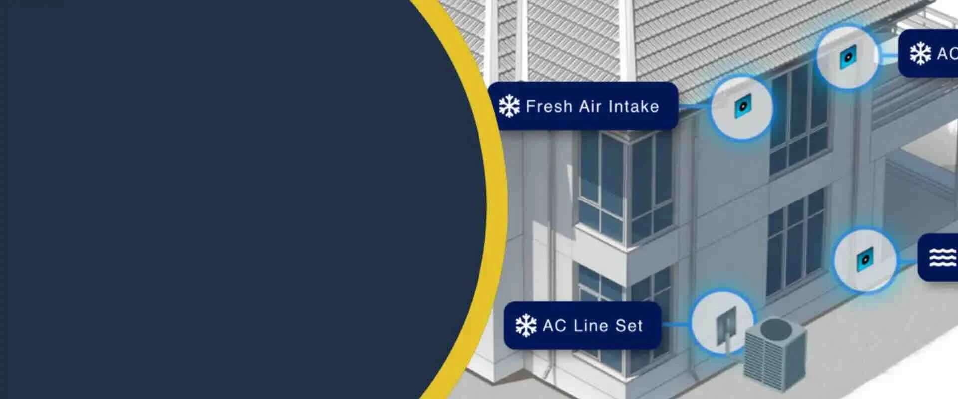 Building illustration showing sealed wall penetrations for vents and AC lines