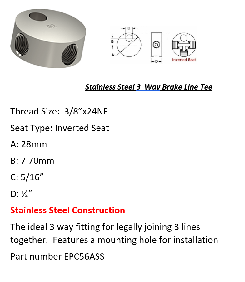 Stainless Steel Female Brake Line Tee - 3 Way 3/8" x 24 NF Inverted