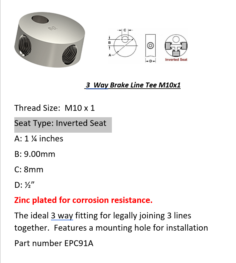 Female Brake Line Tee - 3 Way M10 x 1 Inverted 
