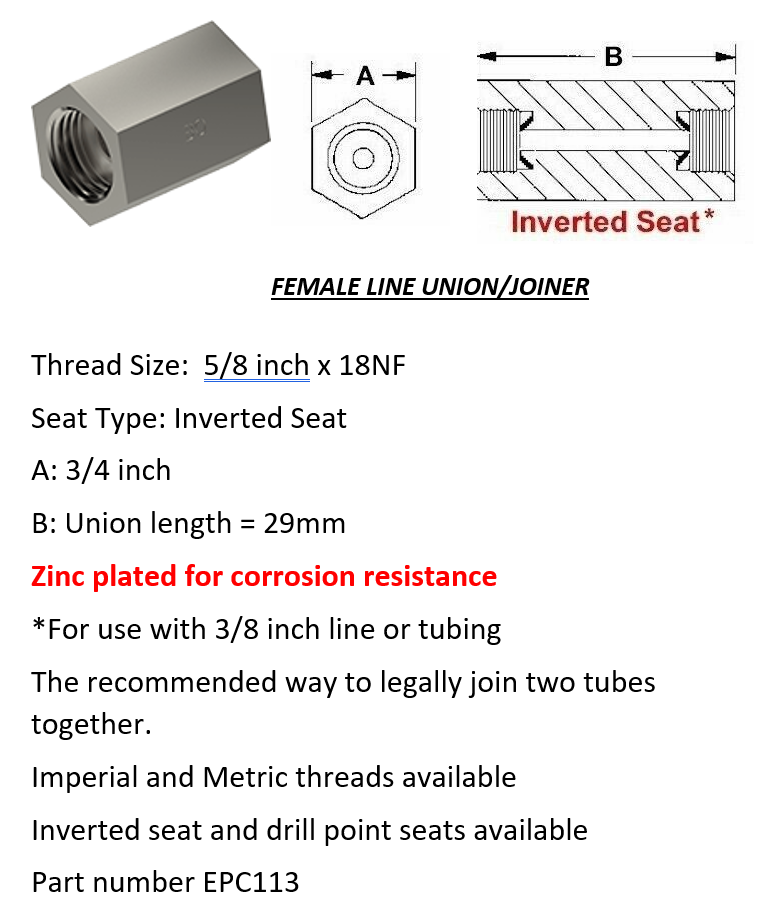 Female Brake Line Union - Joiner Inverted Flare 5/8" x 18 NF