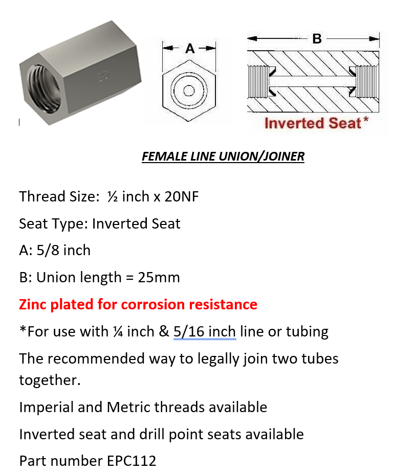 Female Brake Line Union - Joiner Inverted Flare 1/2" x 20 NF