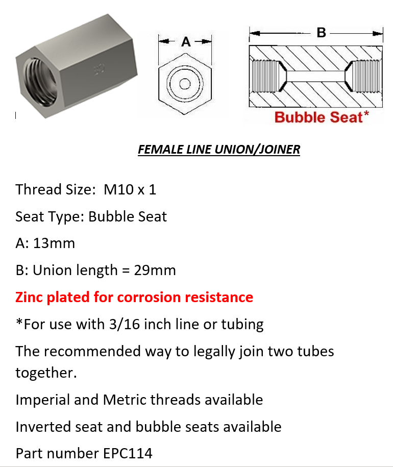 Female Brake Line Union - Joiner Bubble Seat M10 x 1 