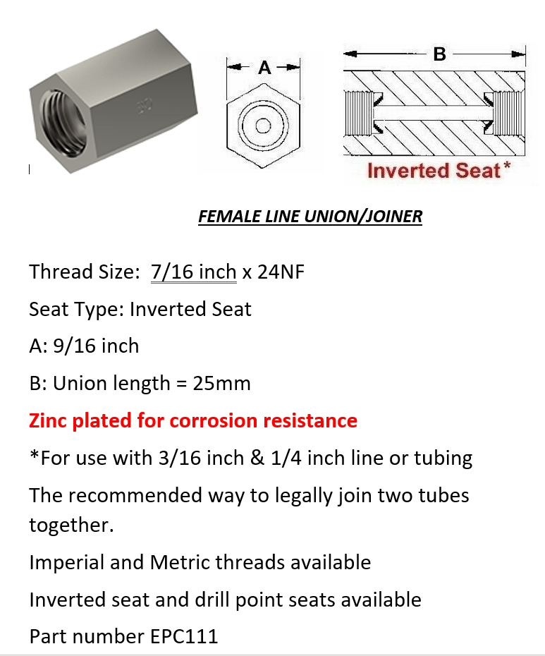 Female Brake Line Union - Joiner Inverted Flare 7/16" x 24 NF