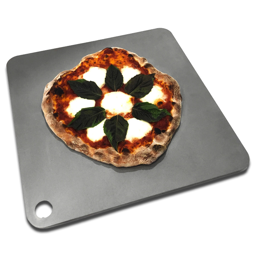 14x14 inch CookingSteels baking steel with artisan pizza—ultra‑conductive surface for a perfectly crispy crust