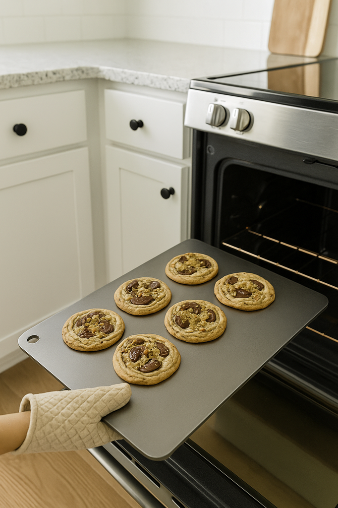 Home oven with a Cooking Steel plate loaded with fresh bagels ready for baking.