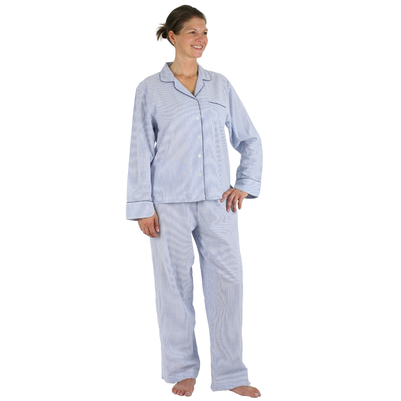 Blue Seersucker Navy Cotton Long Sleeve Pajamas