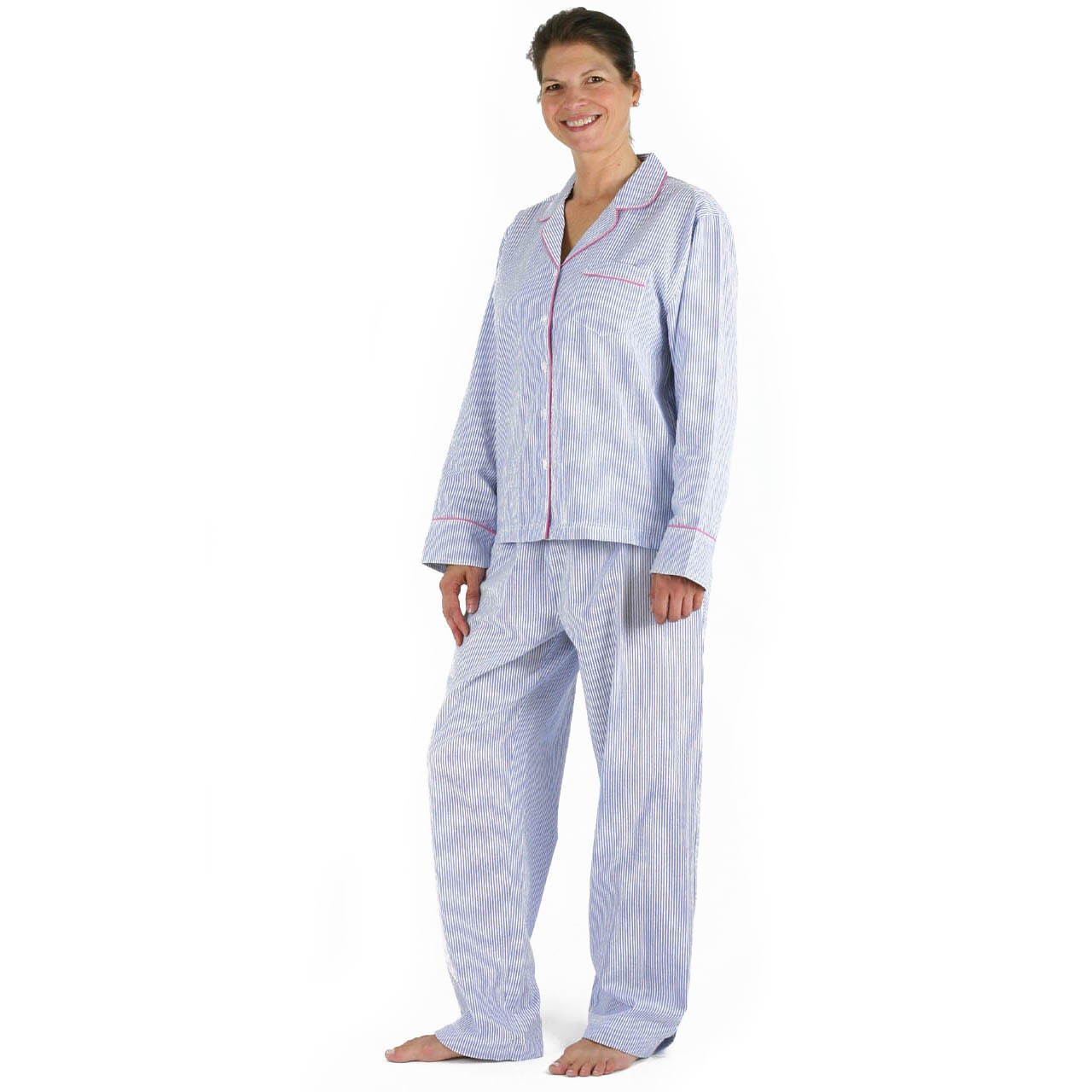 Blue Seersucker Pink Cotton Long Sleeve Pajamas