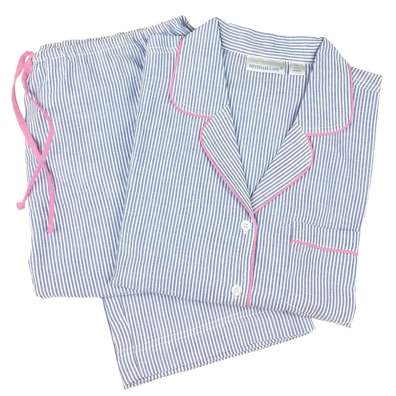 Blue Seersucker Pink Cotton Long Sleeve Pajamas