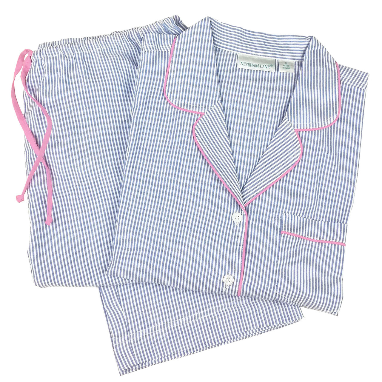 Blue Seersucker Pink ~ Cotton Long Sleeve Pajamas - Needham Lane Ltd.