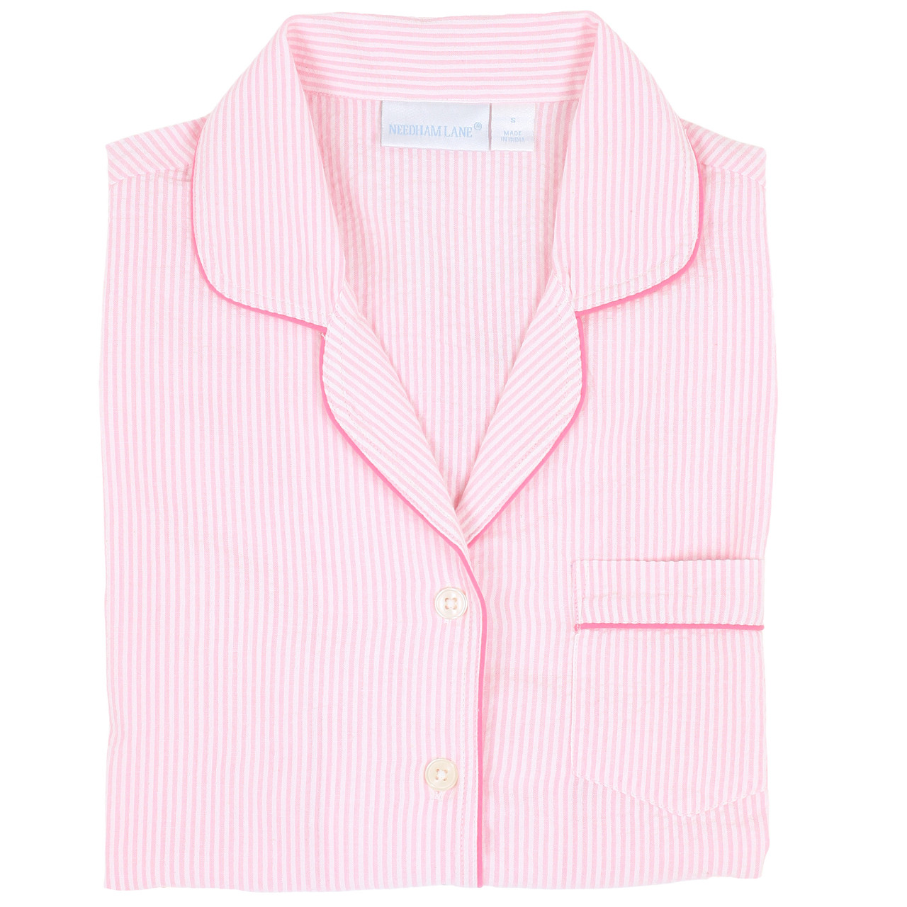 Cotton Short Sleeve Pajamas - Pink Seersucker-Pink | Needham Lane