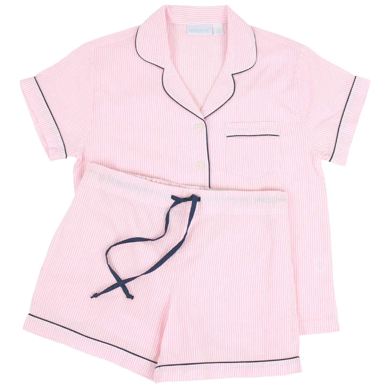 Cotton Short Sleeve Shorty Pajamas - Pink Seersucker-Navy