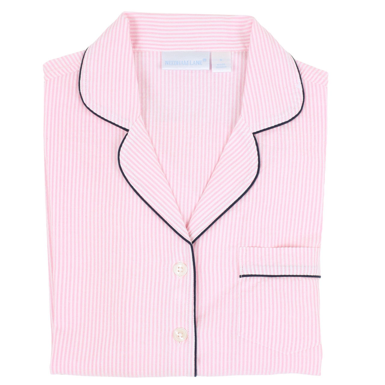 Cotton Short Sleeve Shorty Pajamas - Pink Seersucker-Navy