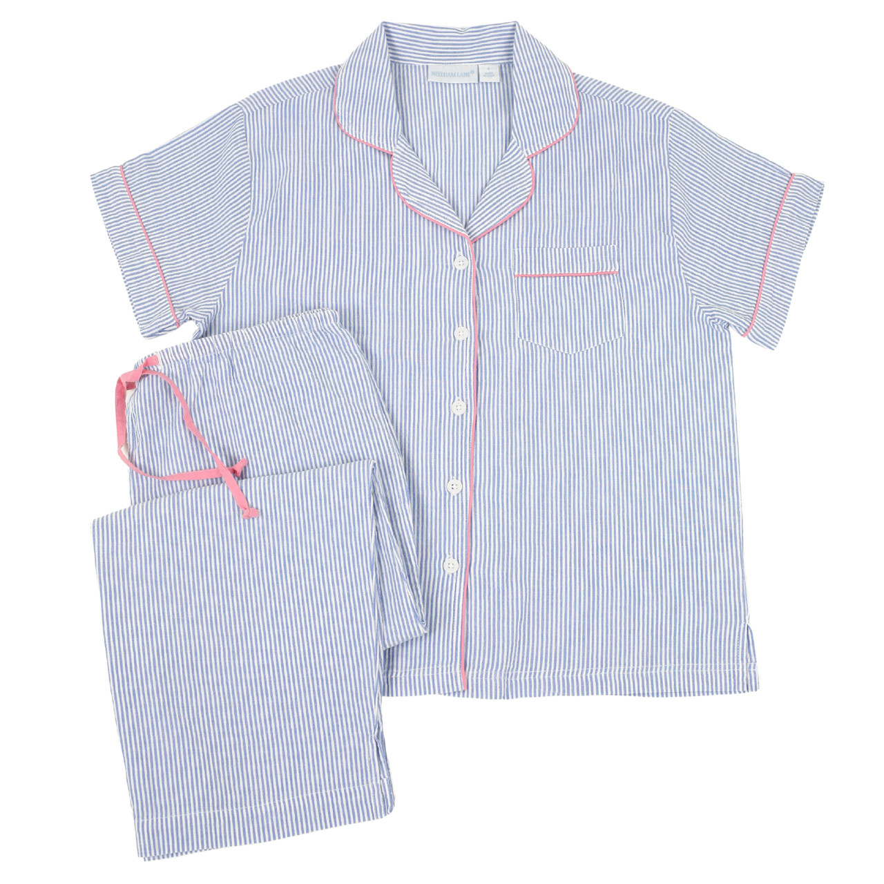 Cotton Short Sleeve Pajamas Blue Seersucker Pink Needham Lane