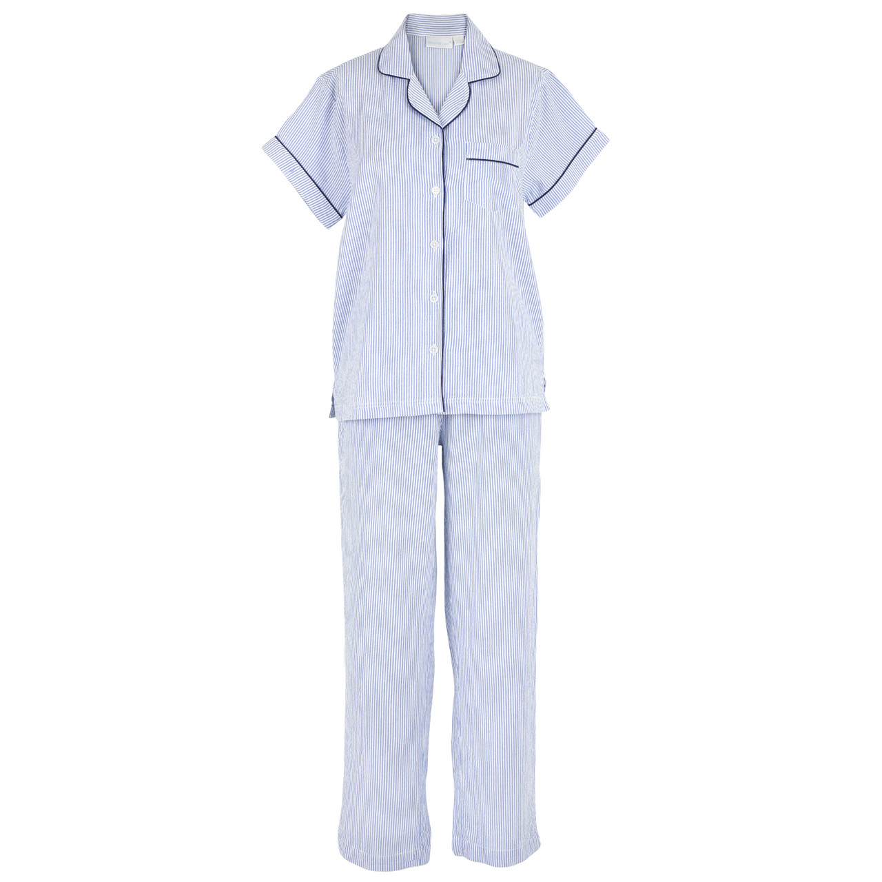 Blue Seersucker-Navy Cotton Short Sleeve Long Pant Pajamas