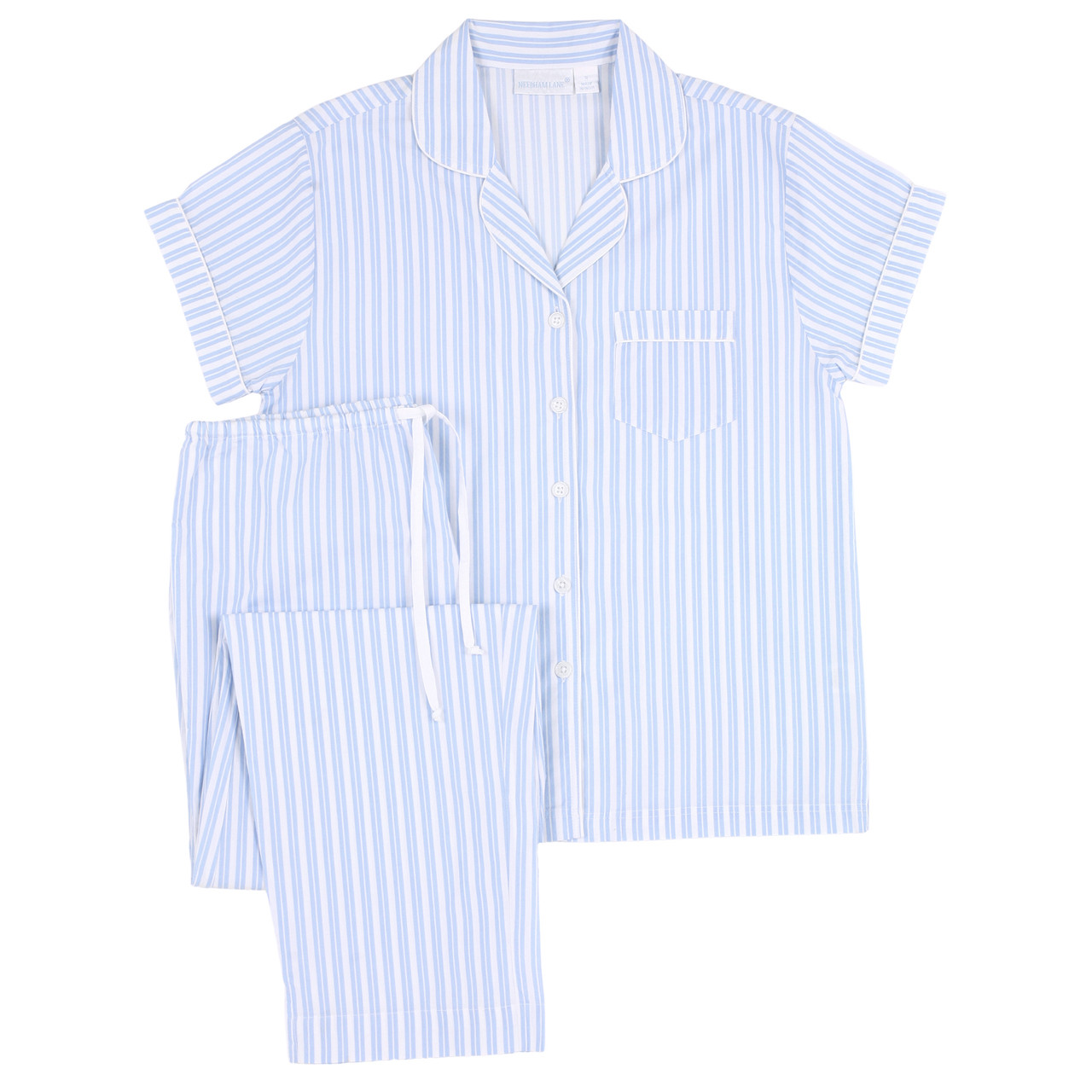 Kensington Stripe-Blue Cotton Short Seeve Long Pant Pajamas