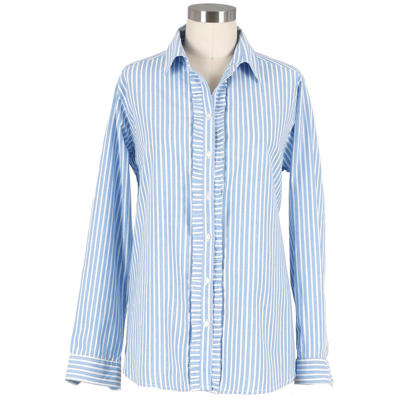 Ruffle Trim Long Sleeve Shirt - Misty Blue / S