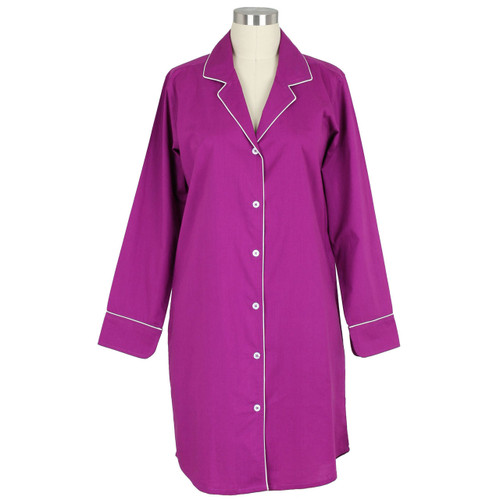 Women's classic knee-length, button down nightshirt in 100% woven cotton shown on a mannequin. Plum colored with white piping.